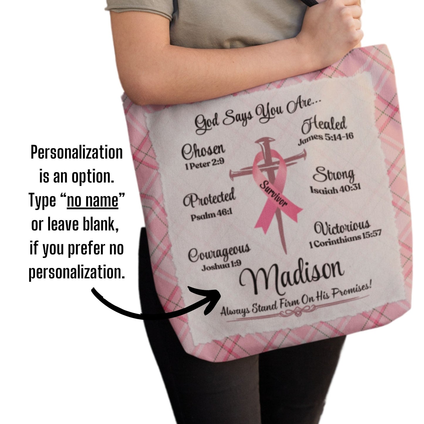 Breast Cancer Survivor Tote Bag, Bible Verse God Affirmations