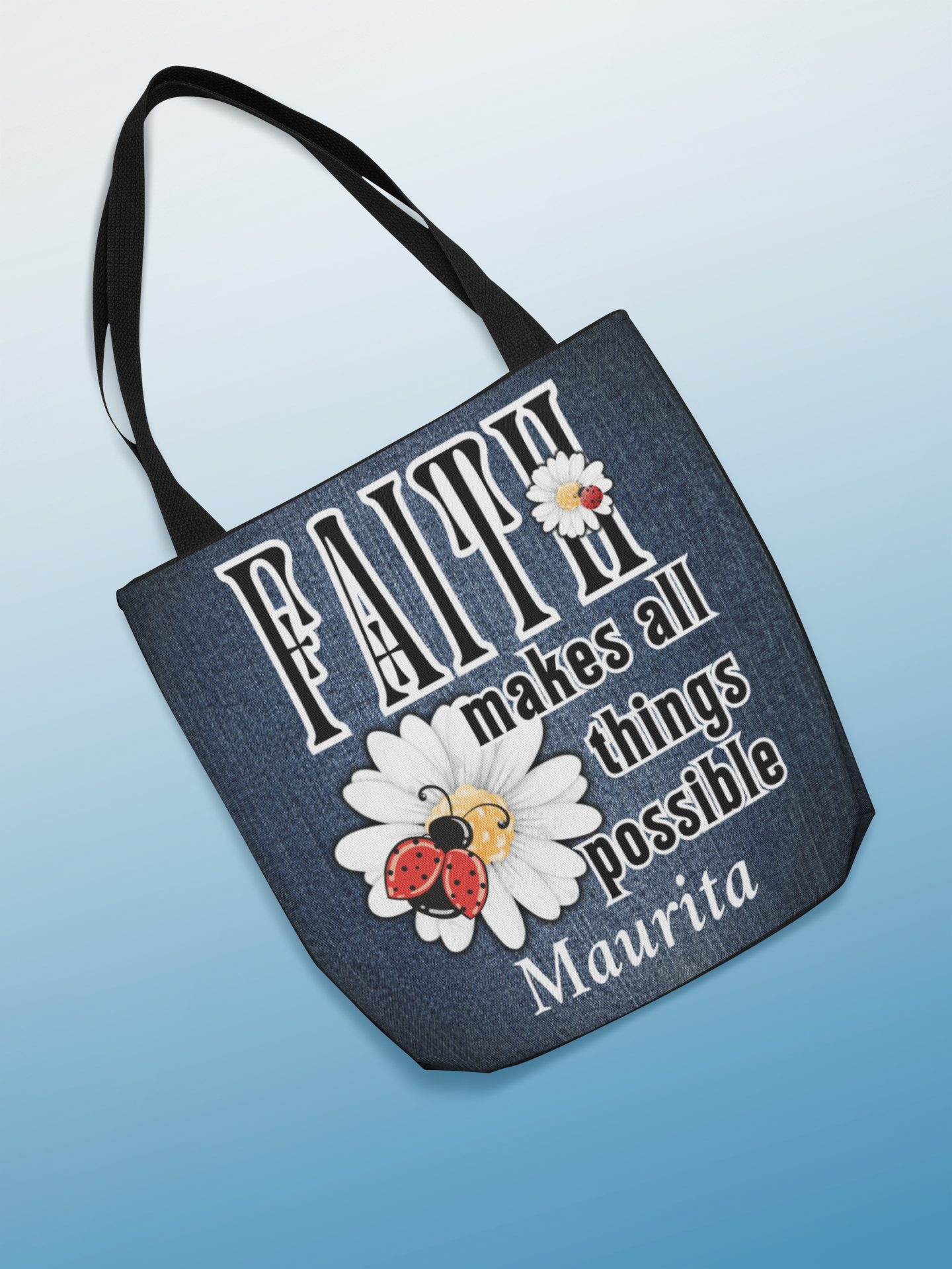 Christian Quote Women's Mock Denim Tote Bag - Faith Makes Things Possible