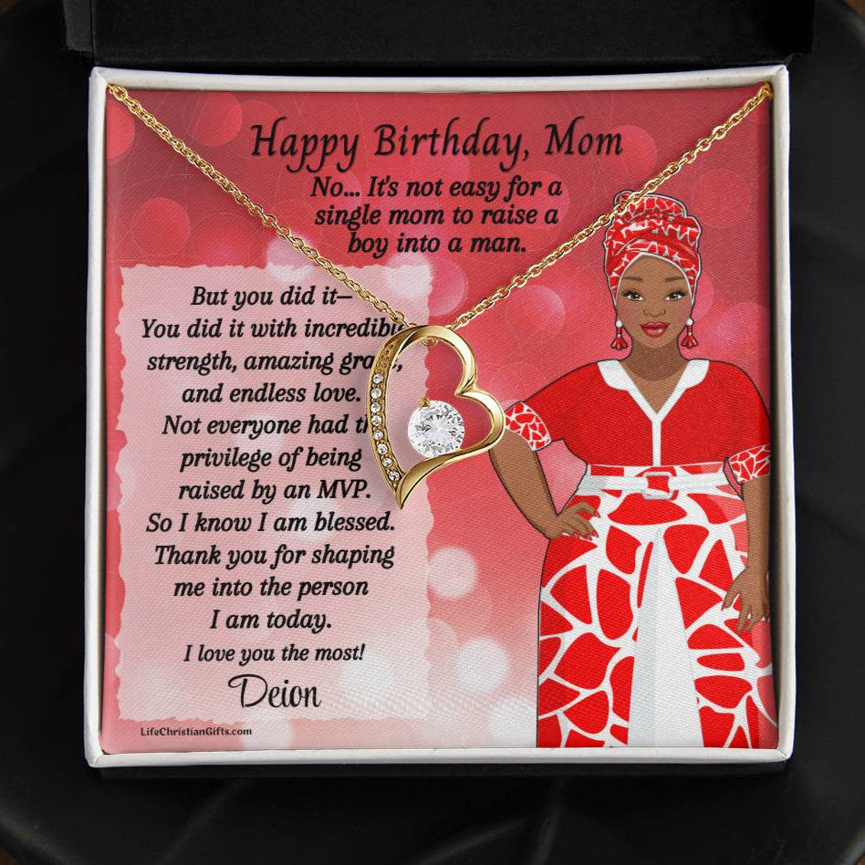 African American Mom Birthday Message Card - Forever Love Necklace - MVP Red