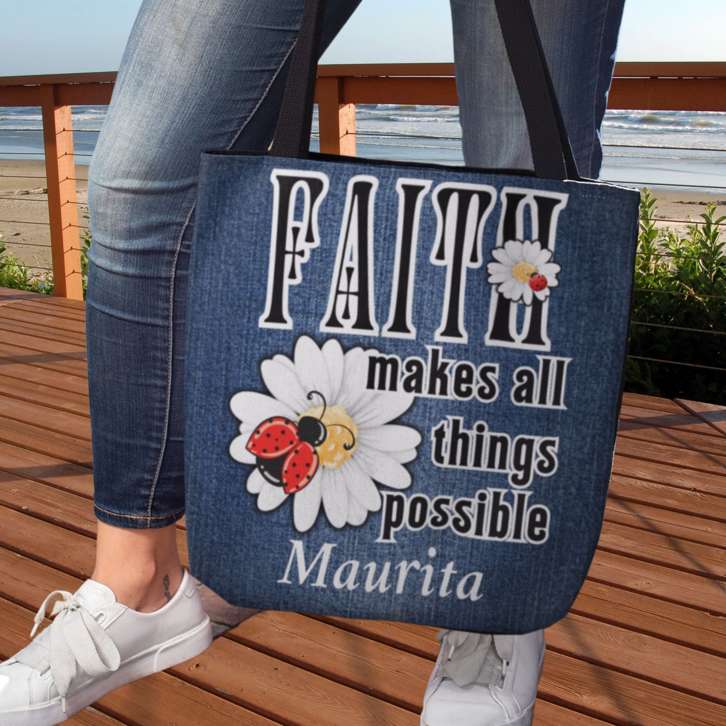 Christian Quote Women's Mock Denim Tote Bag - Faith Makes Things Possible
