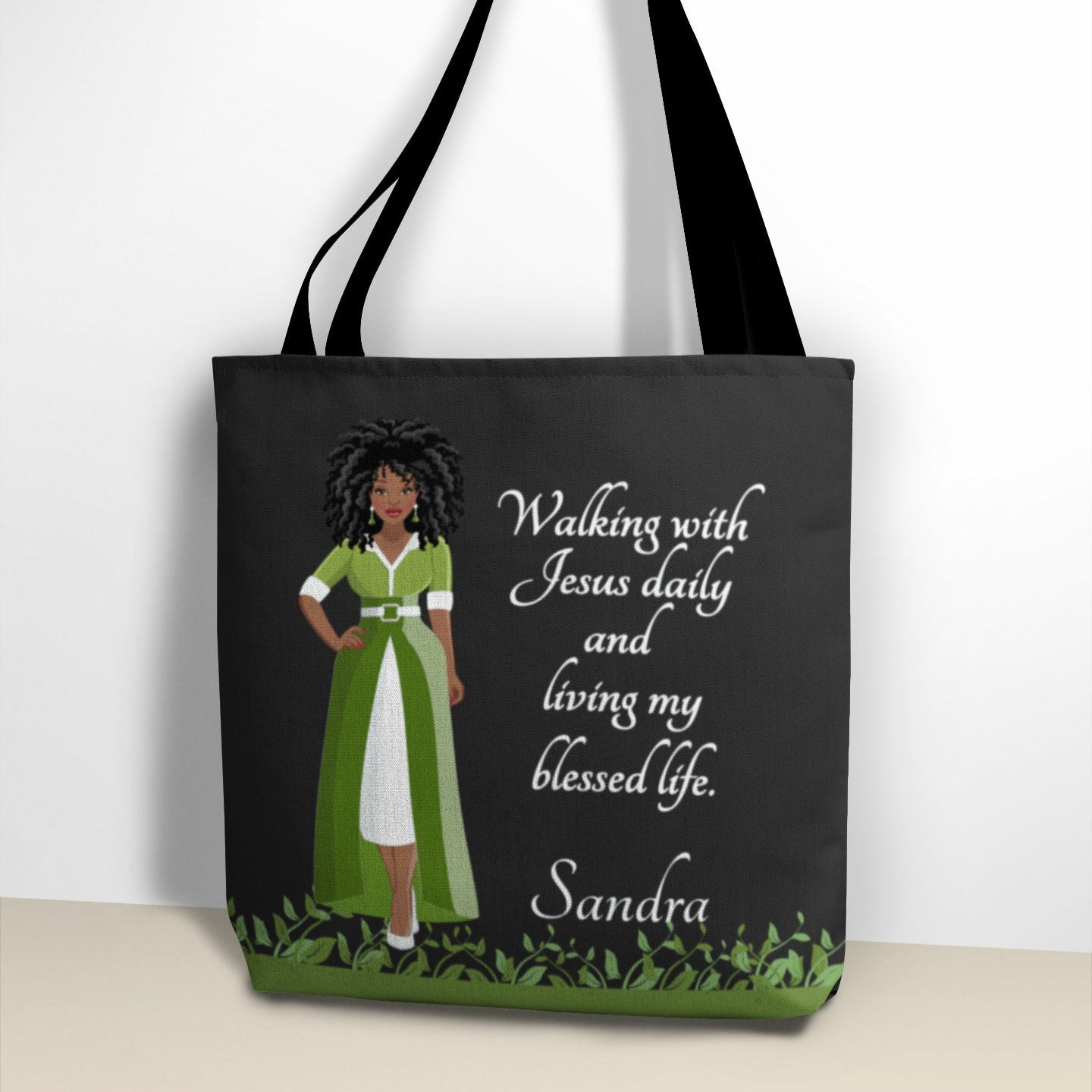 Personalized African American Woman Tote Bag Walking With Jesus