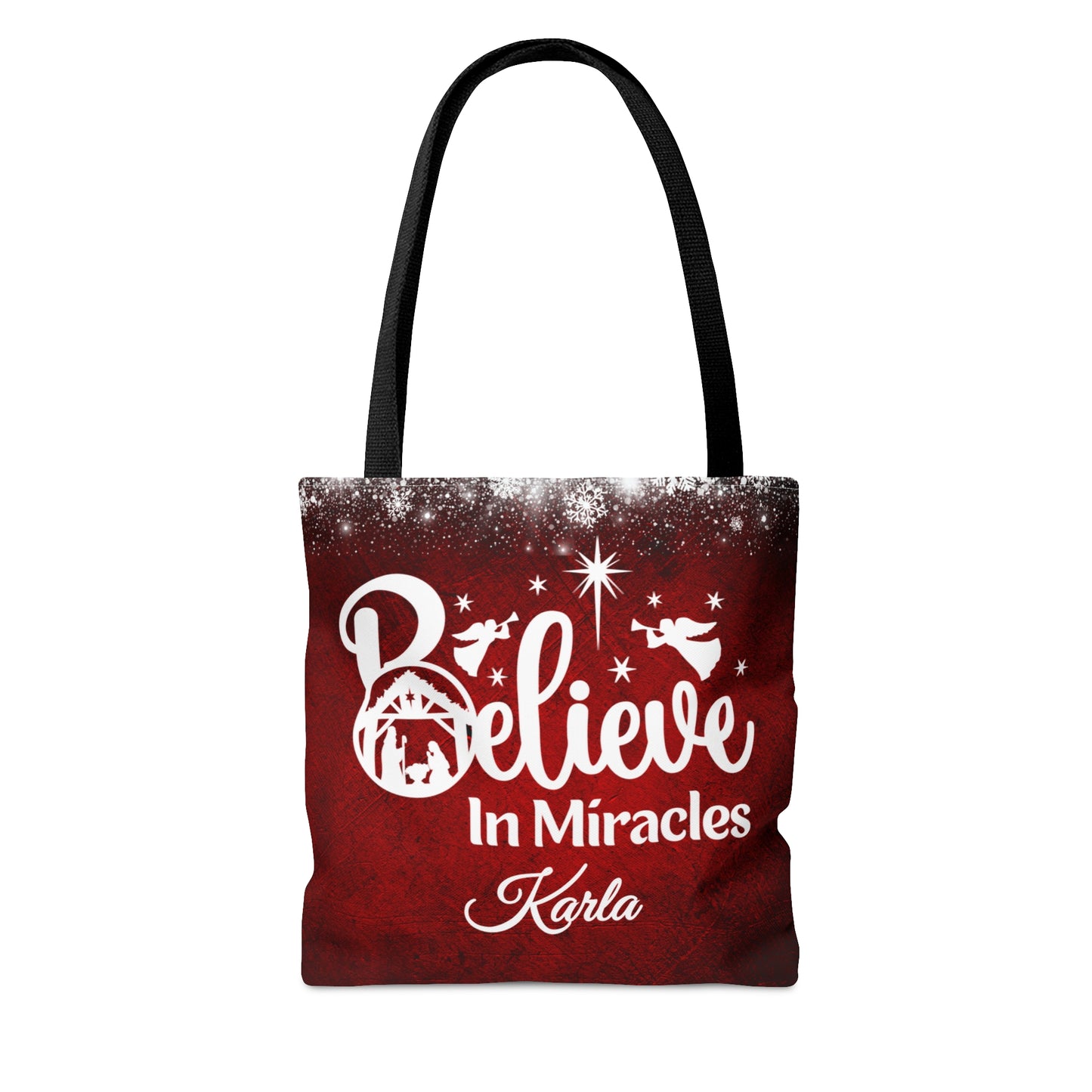 Nativity Scene Believe In Miracles Christmas Red Tote Bag