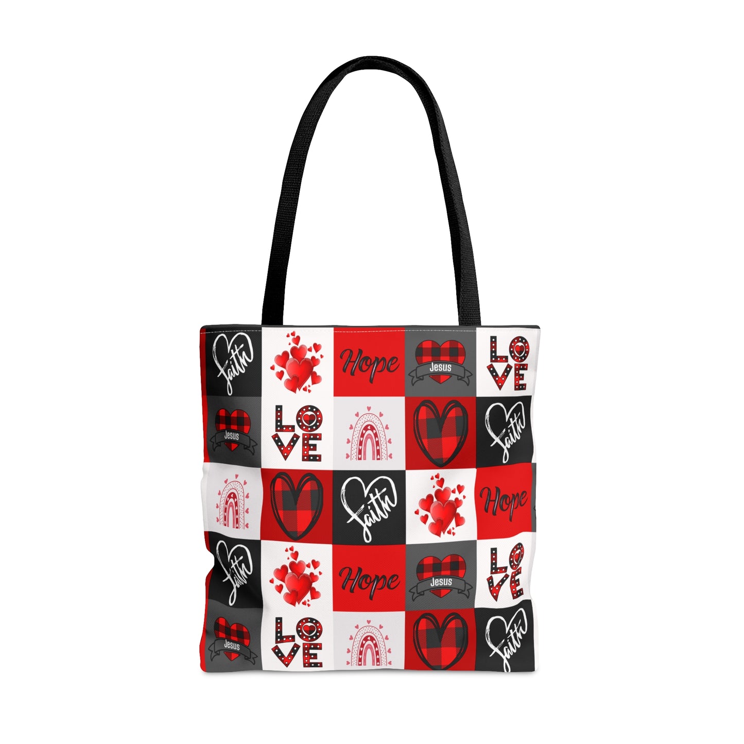 Faith Hope and Love Plaid Hearts Jesus Tote
