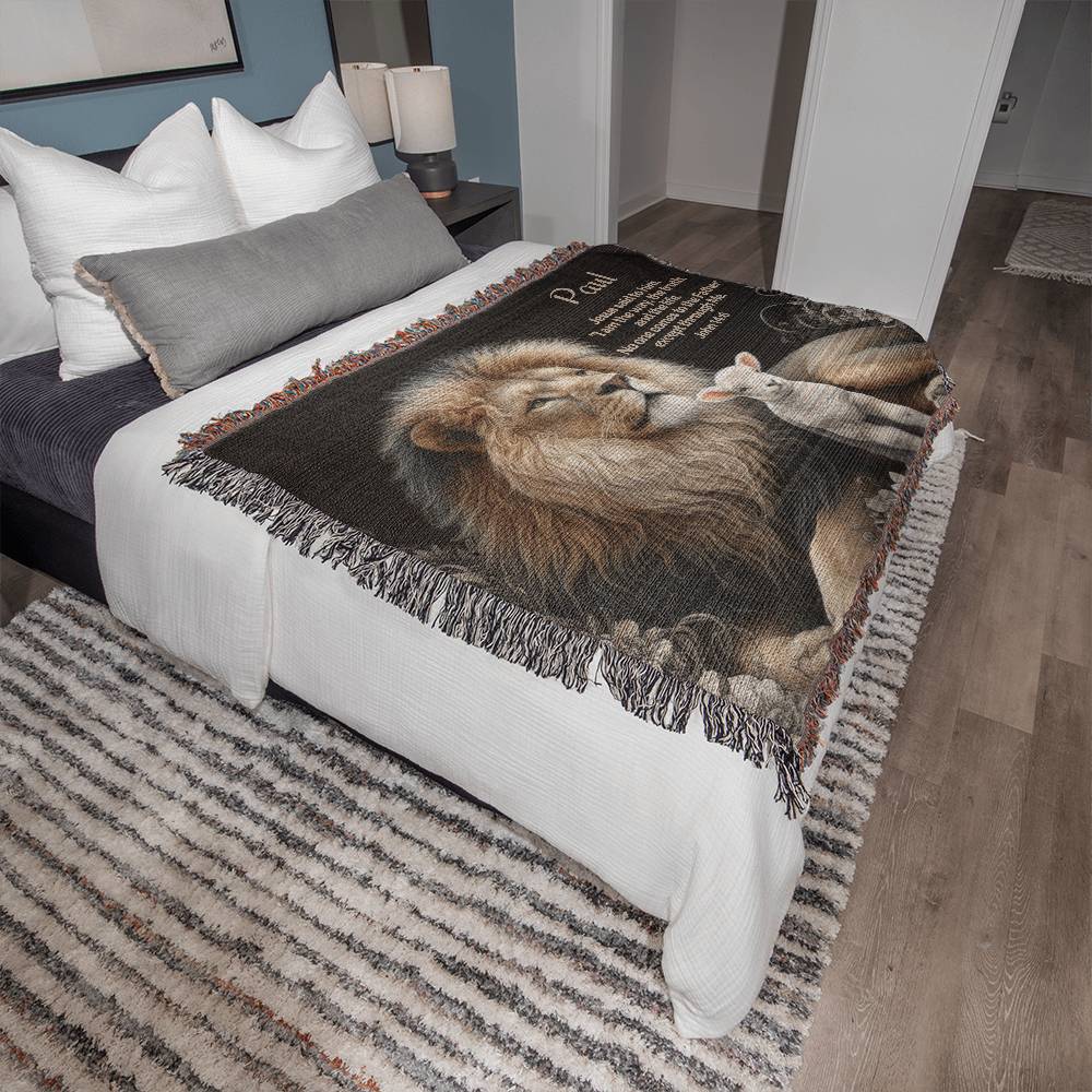 Personalized Bible Verse Woven Throw - Lion and Lamb