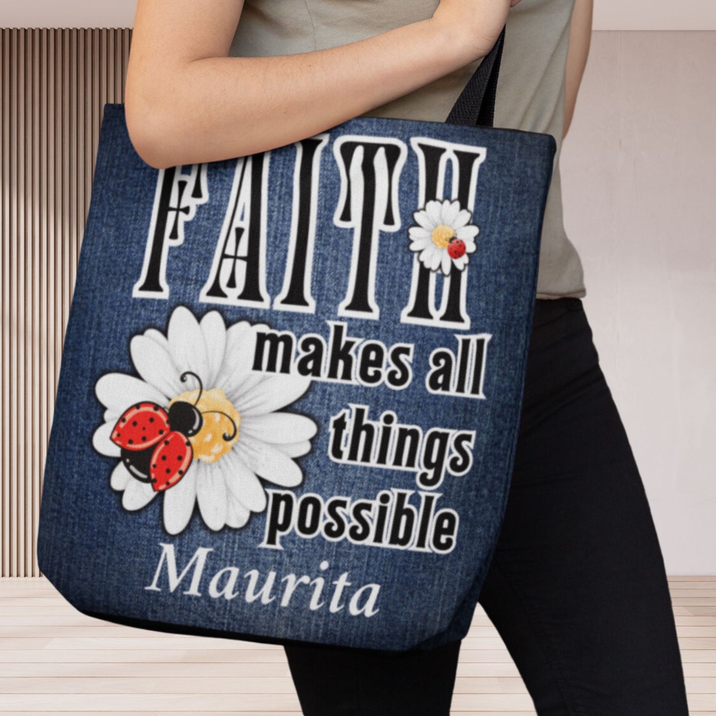 Christian Quote Women's Mock Denim Tote Bag - Faith Makes Things Possible