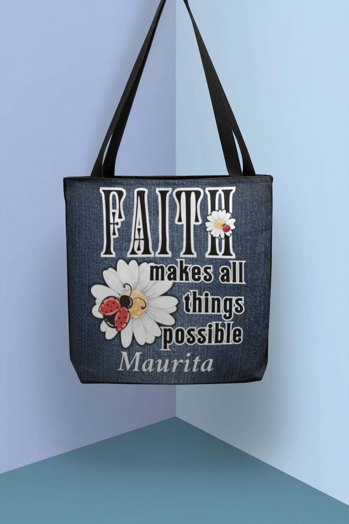 Christian Quote Women's Mock Denim Tote Bag - Faith Makes Things Possible