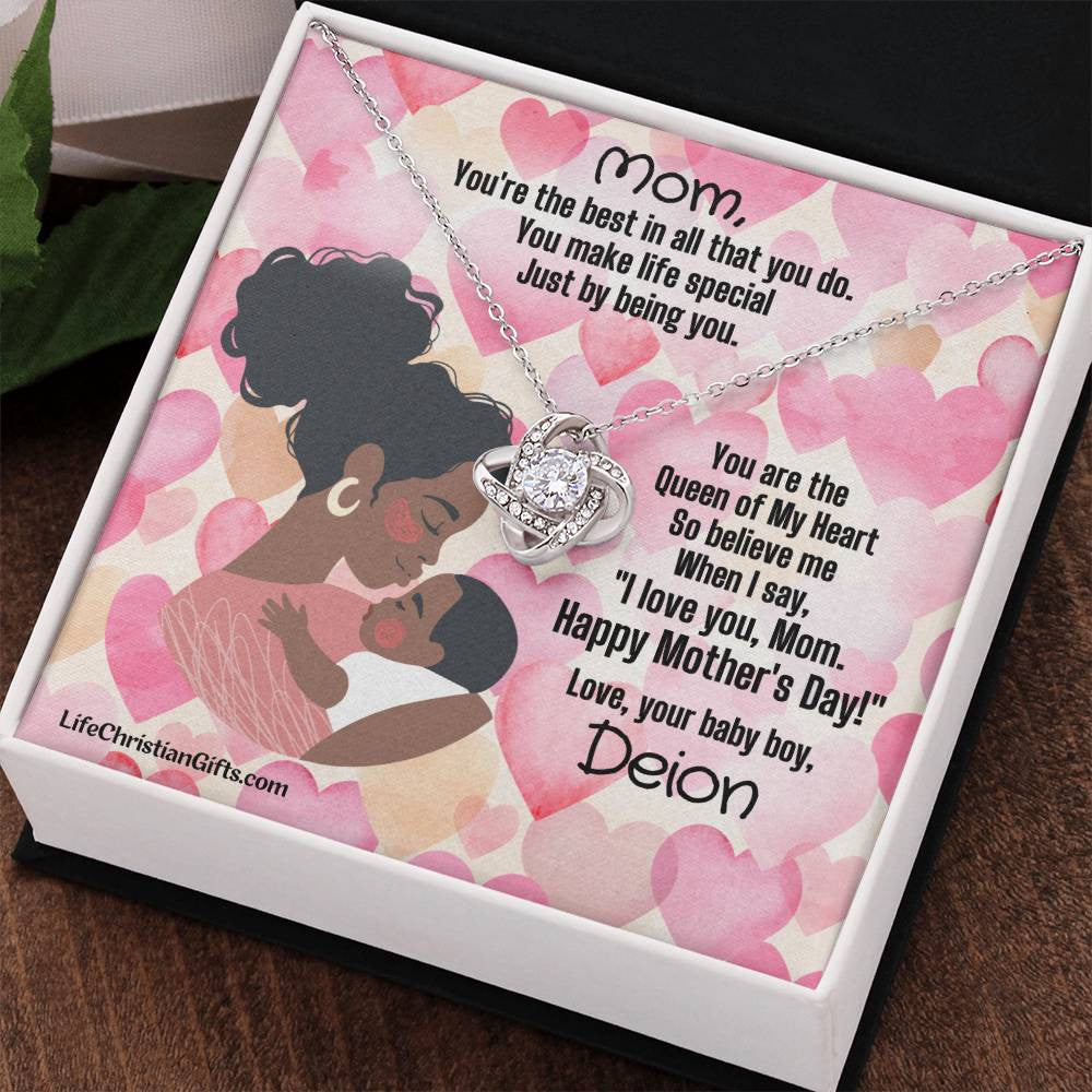 African American Mother's Day Card From Young Son With Love Knot Necklace - You're The Best