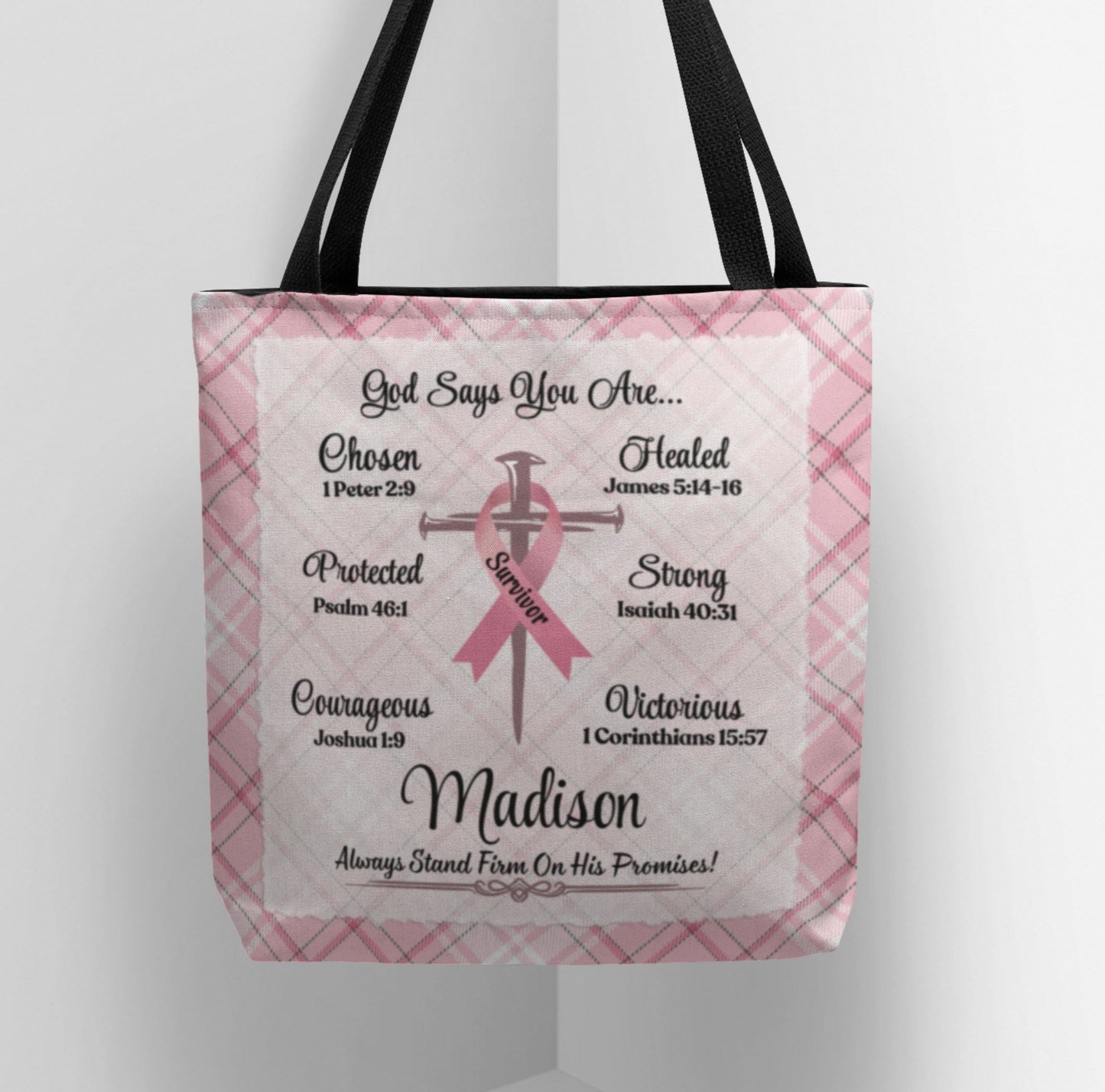 Breast Cancer Survivor Tote Bag, Bible Verse God Affirmations