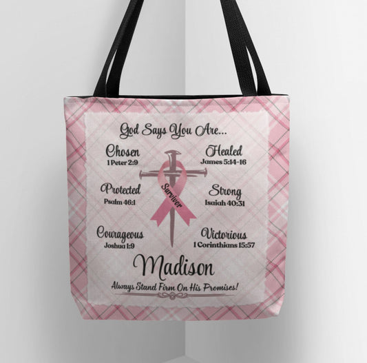 Breast Cancer Survivor Tote Bag, Bible Verse God Affirmations