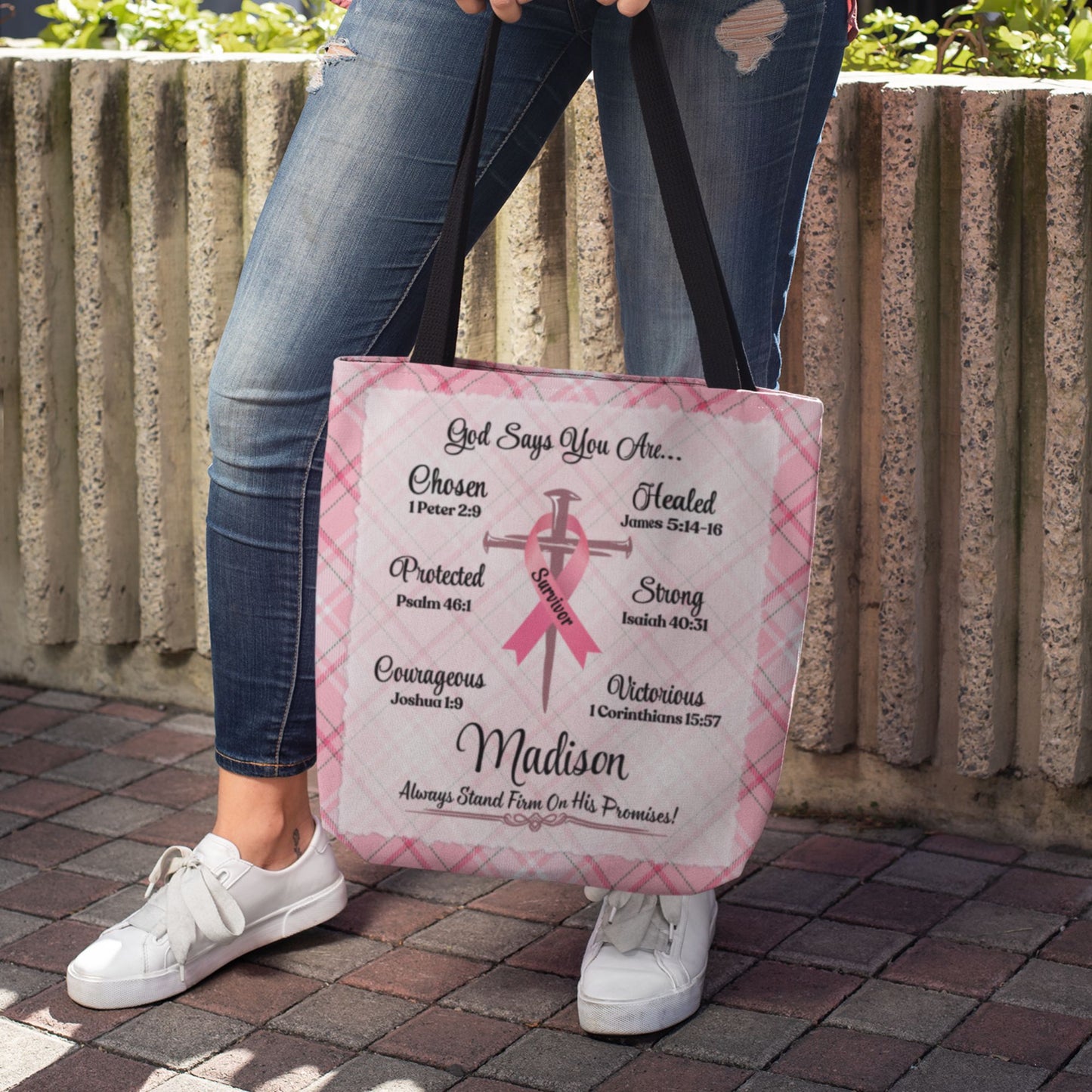 Breast Cancer Survivor Tote Bag, Bible Verse God Affirmations