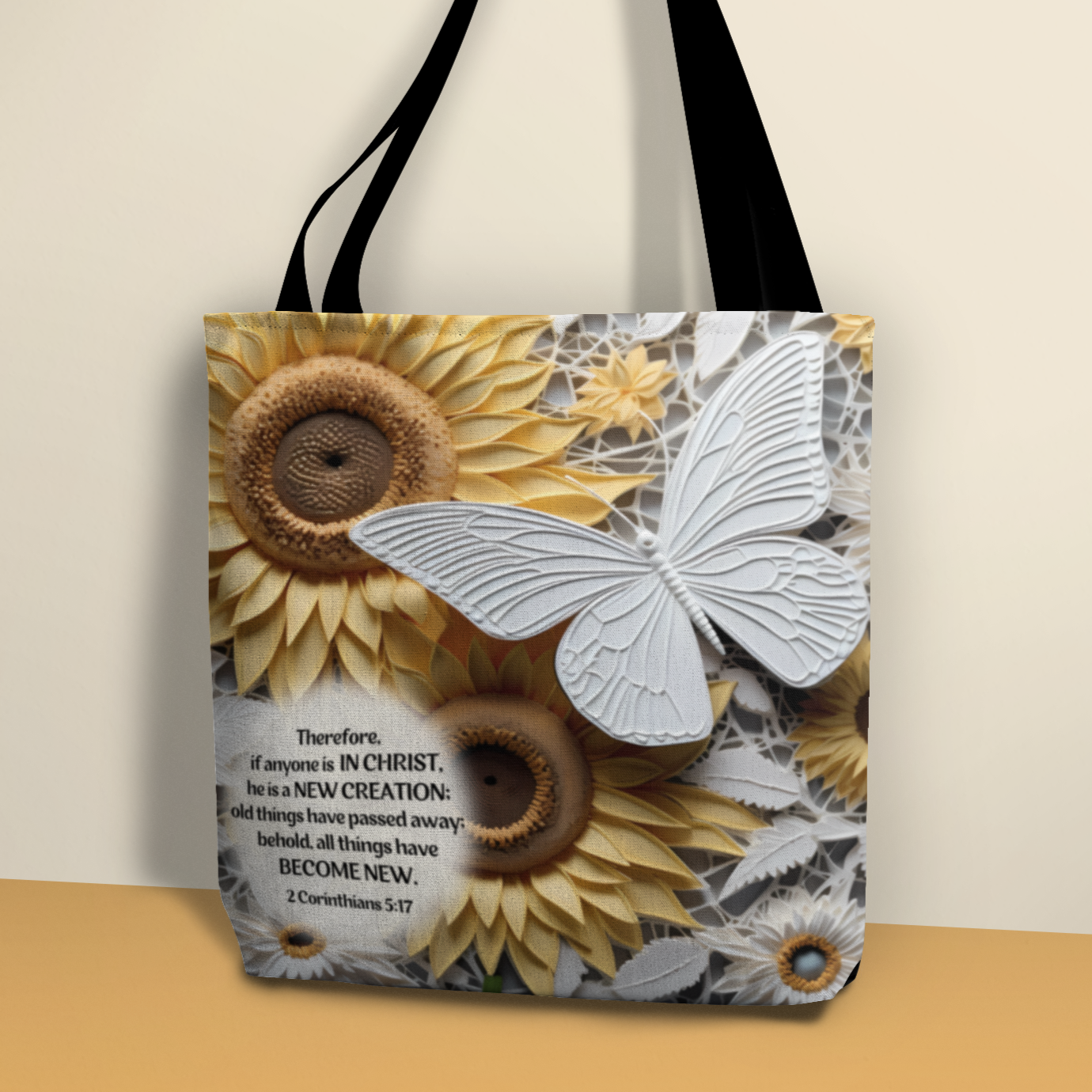 Bible Verse Tote Bag - 3D Butterfly and Sunflowers