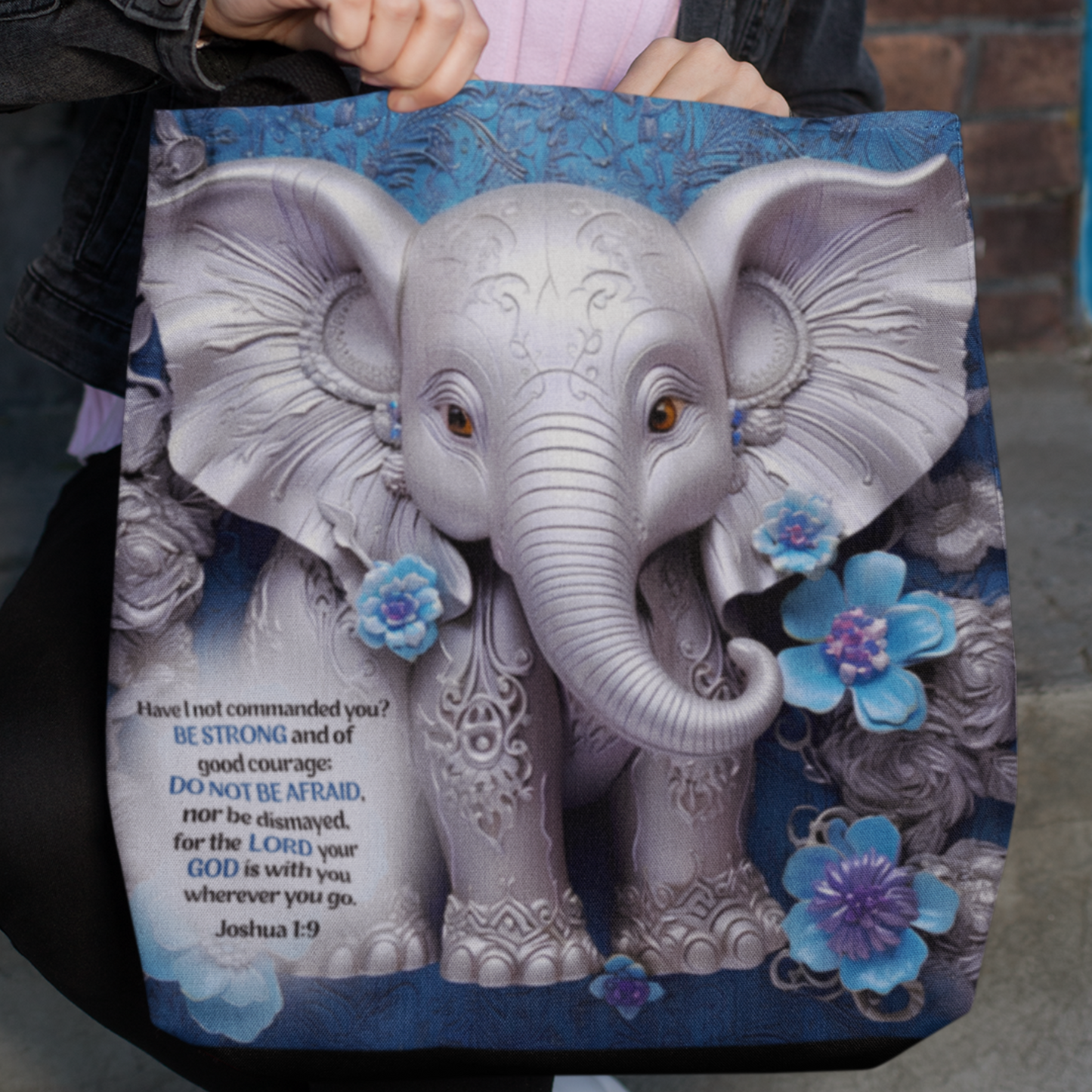 3D Image of Elephant Bible Verse Tote Bag