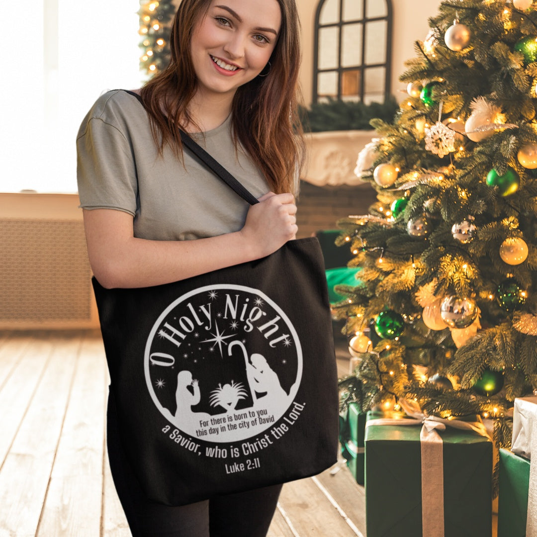 O Holy Night Christmas Black Tote, Bible Verse Luke 2:11 Christian Life Bag