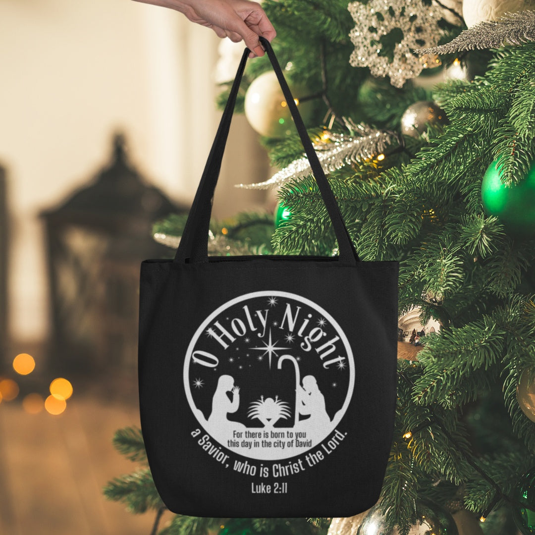 O Holy Night Christmas Black Tote, Bible Verse Luke 2:11 Christian Life Bag