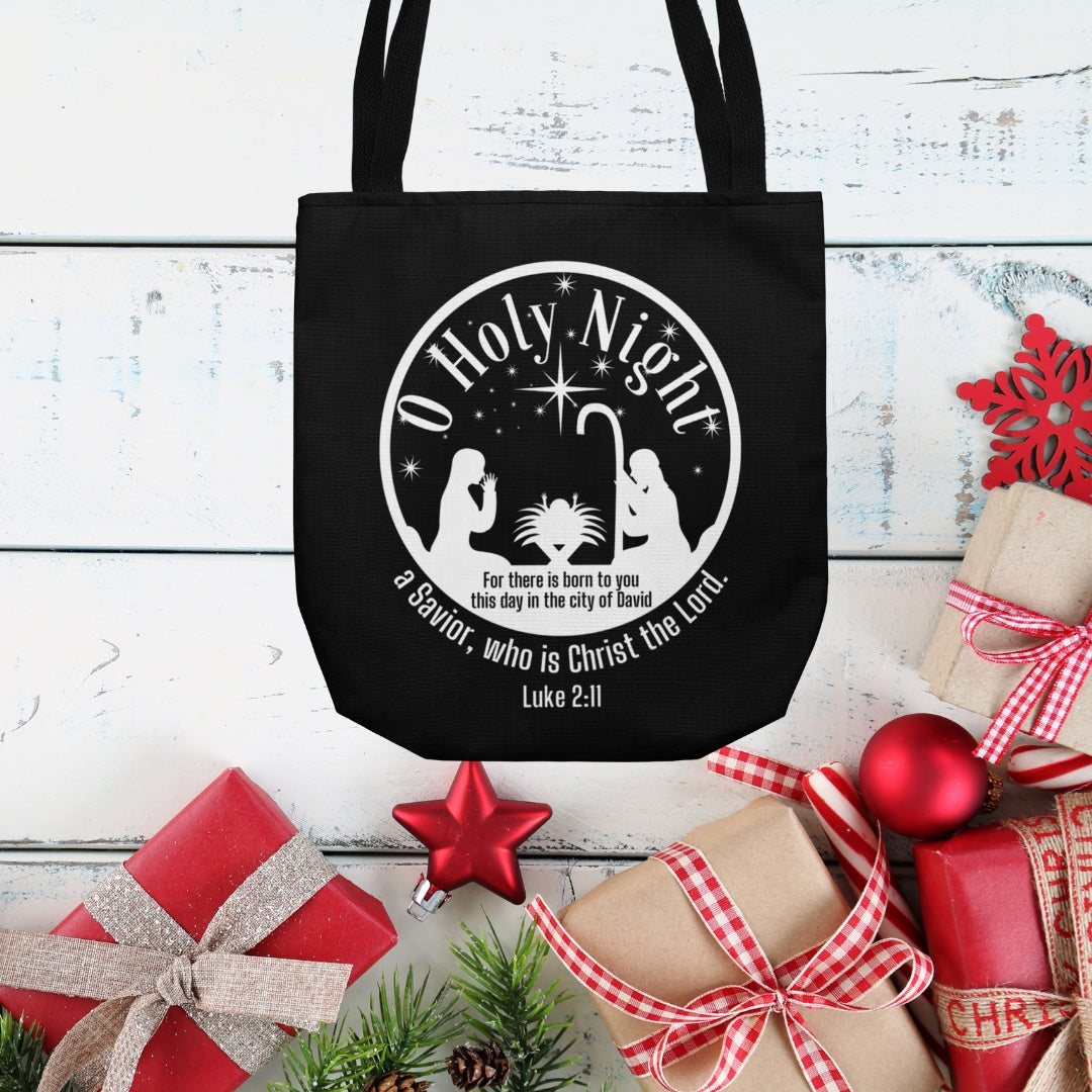 O Holy Night Christmas Black Tote, Bible Verse Luke 2:11 Christian Life Bag