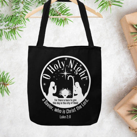 O Holy Night Christmas Black Tote, Bible Verse Luke 2:11 Christian Life Bag