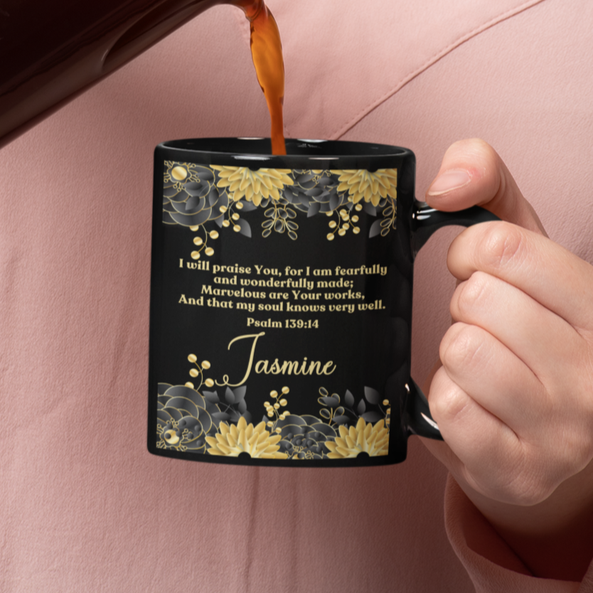 Personalized Fearfully and Wonderfully Made Mug - Gold and Black