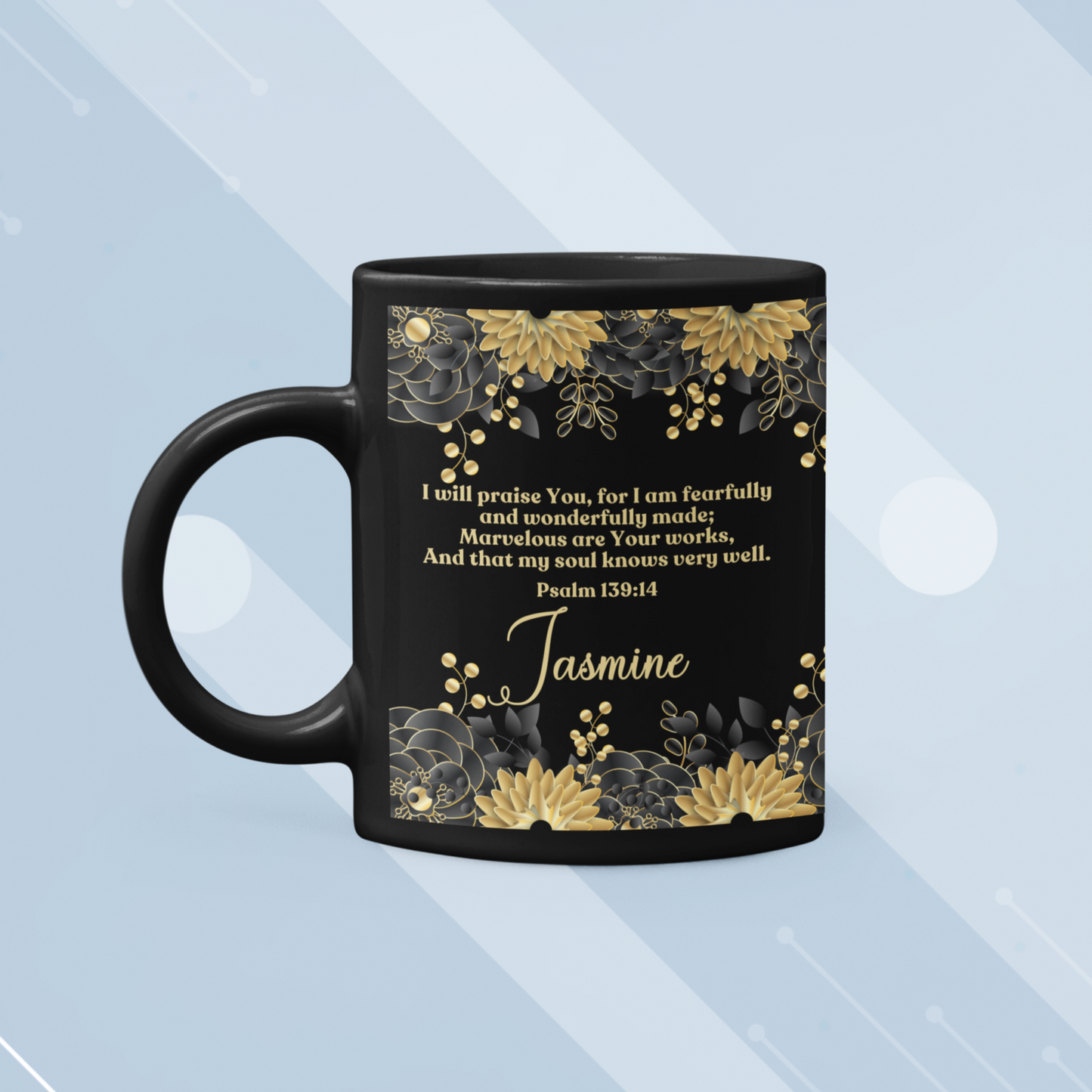 Personalized Fearfully and Wonderfully Made Mug - Gold and Black