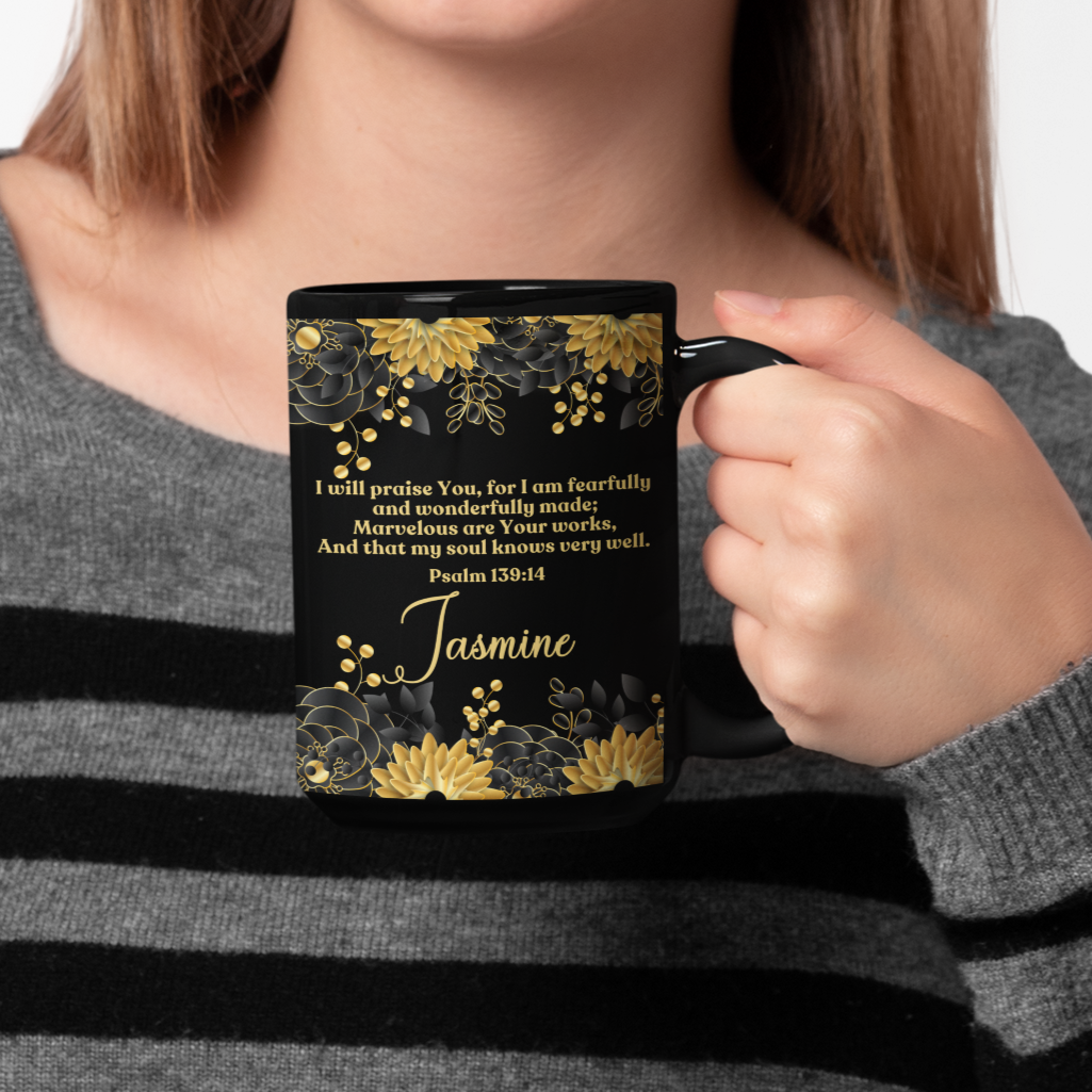 Personalized Fearfully and Wonderfully Made Mug - Gold and Black