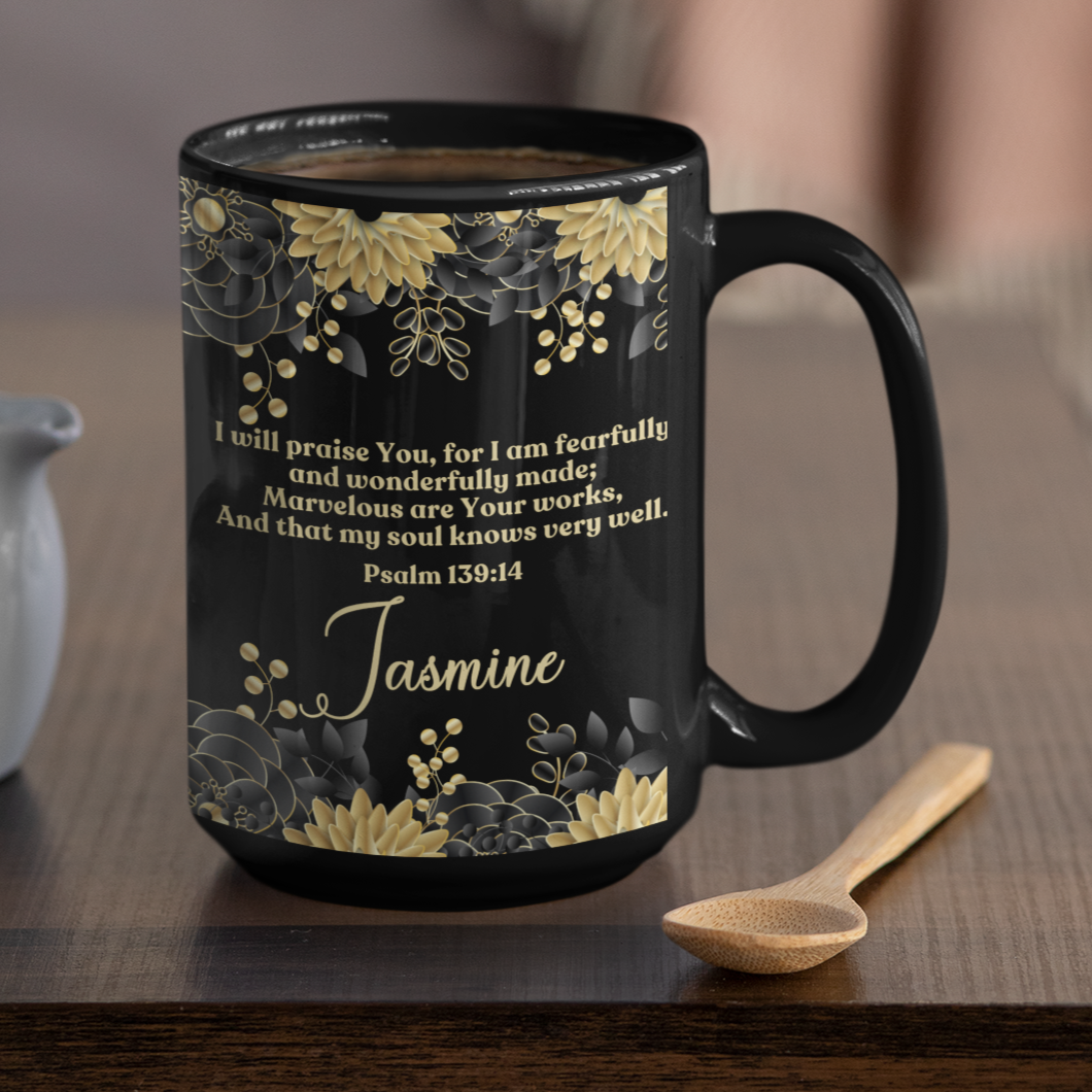 Personalized Fearfully and Wonderfully Made Mug - Gold and Black