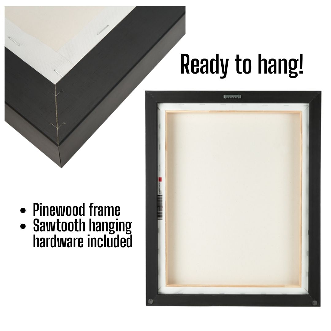 Black frame with sawtooth hanging hardware on a white background, back view