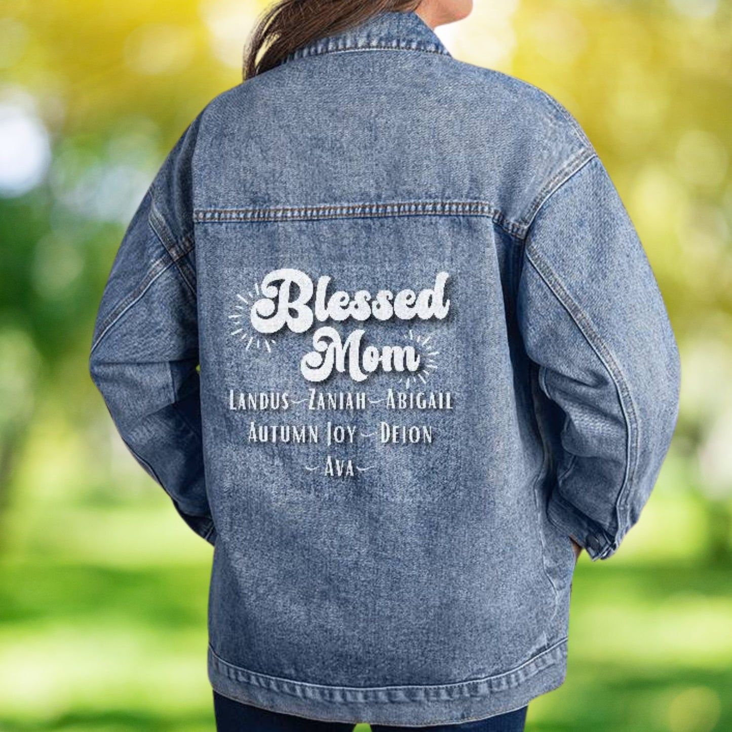 Personalized Oversized Denim Jean Jacket - Blessed Mom
