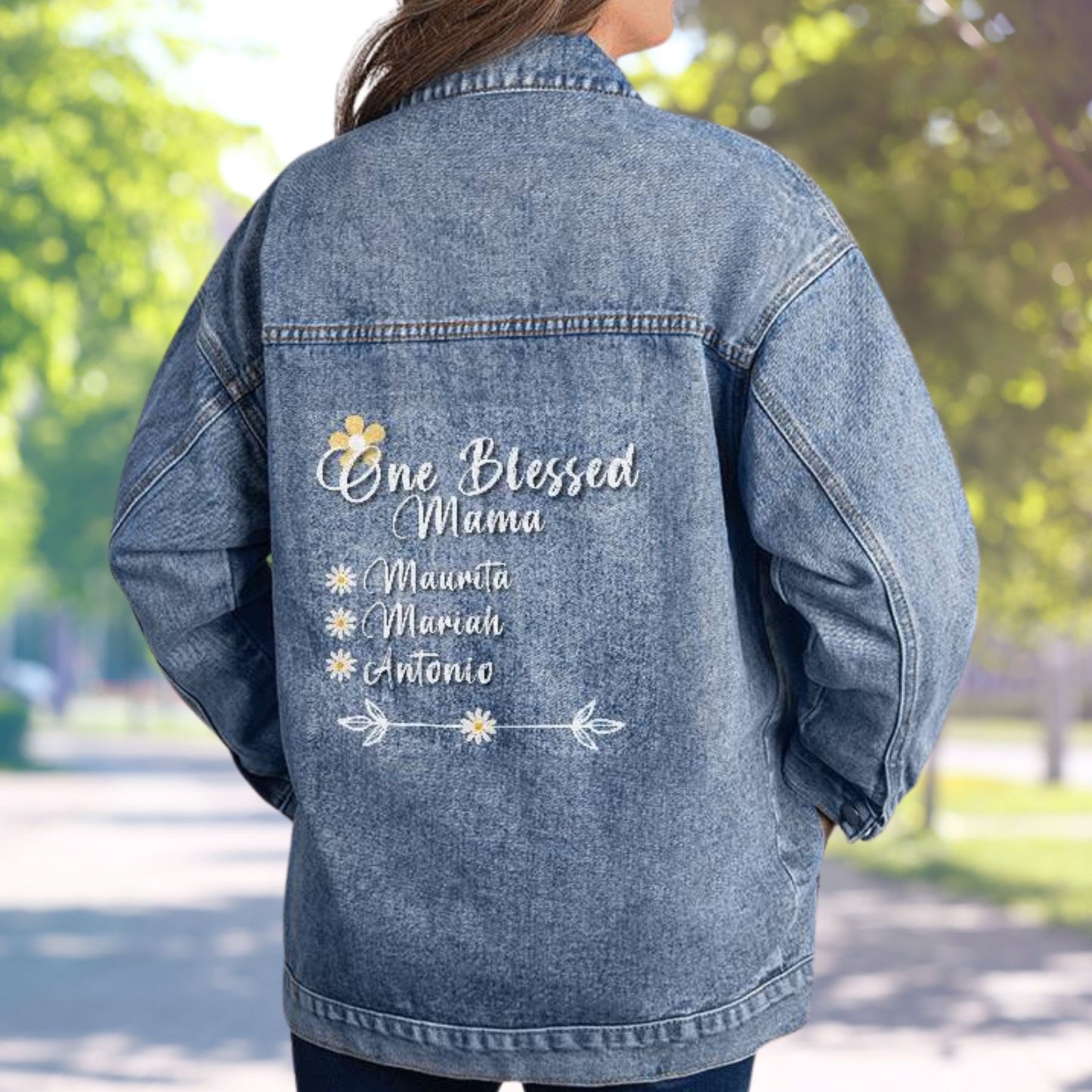 Personalized Oversized Denim Jean Jacket - One Blessed Mama
