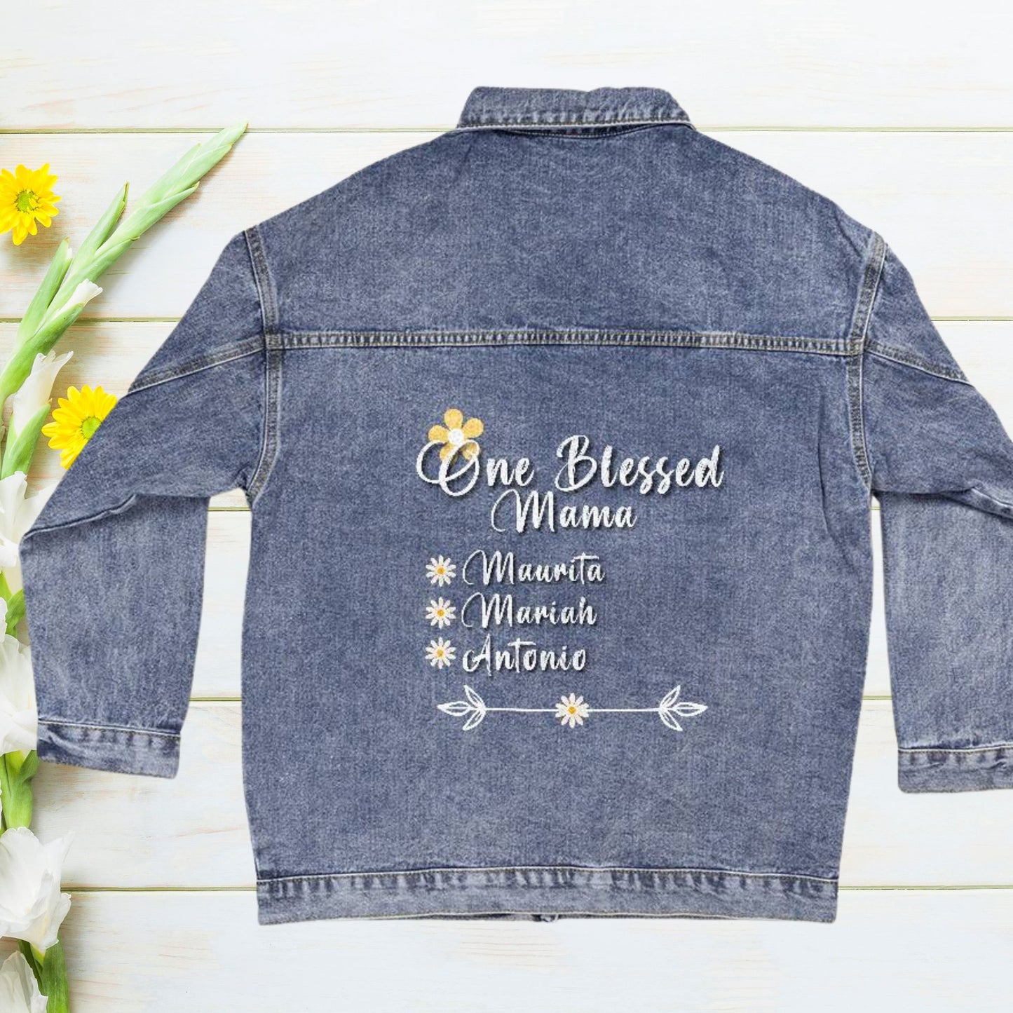 Personalized Oversized Denim Jean Jacket - One Blessed Mama
