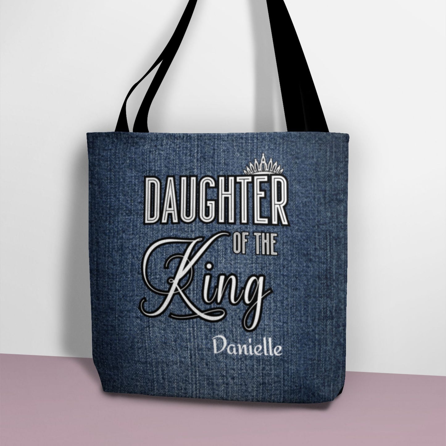 Personalized Christian Daughter of The King Mock Denim Tote Bag