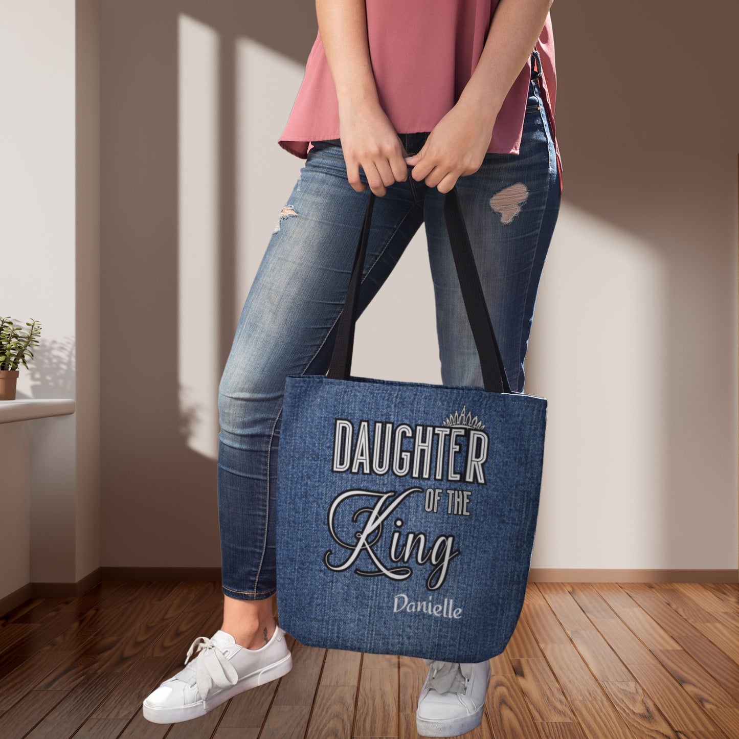 Personalized Christian Daughter of The King Mock Denim Tote Bag