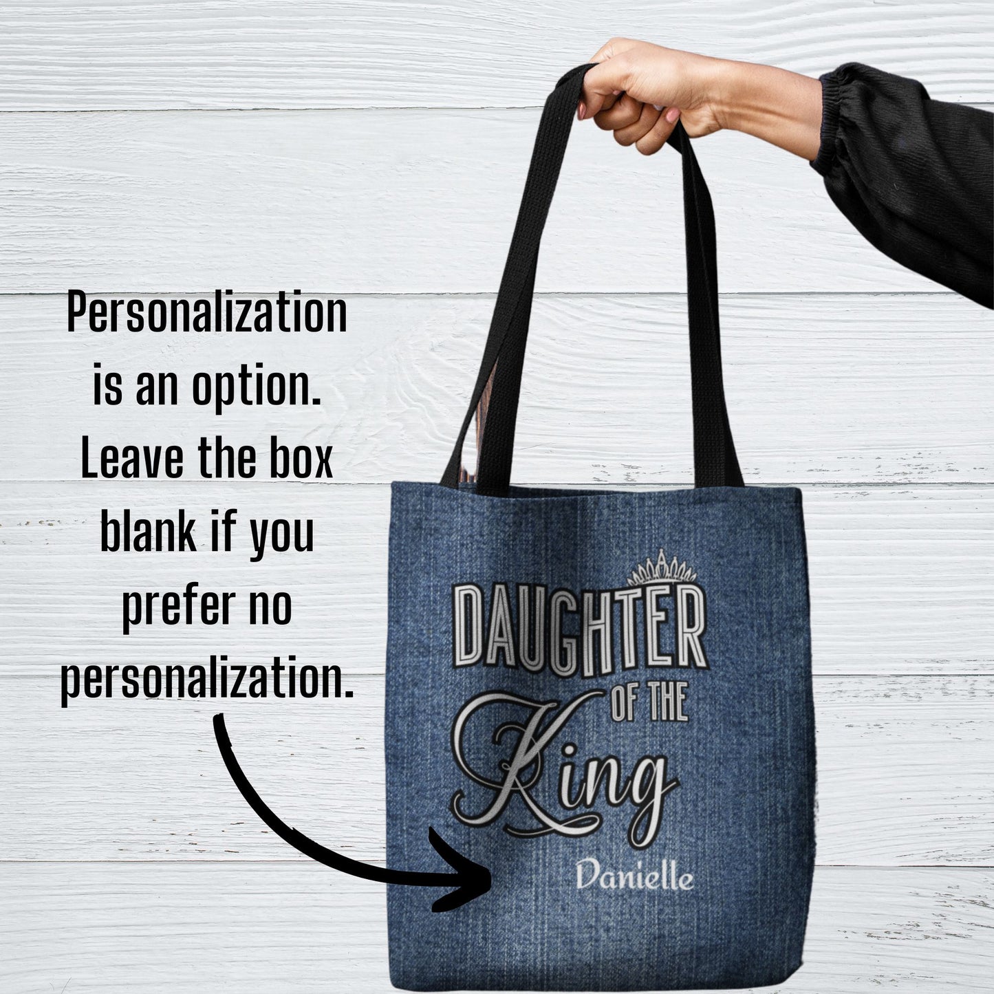 Personalized Christian Daughter of The King Mock Denim Tote Bag