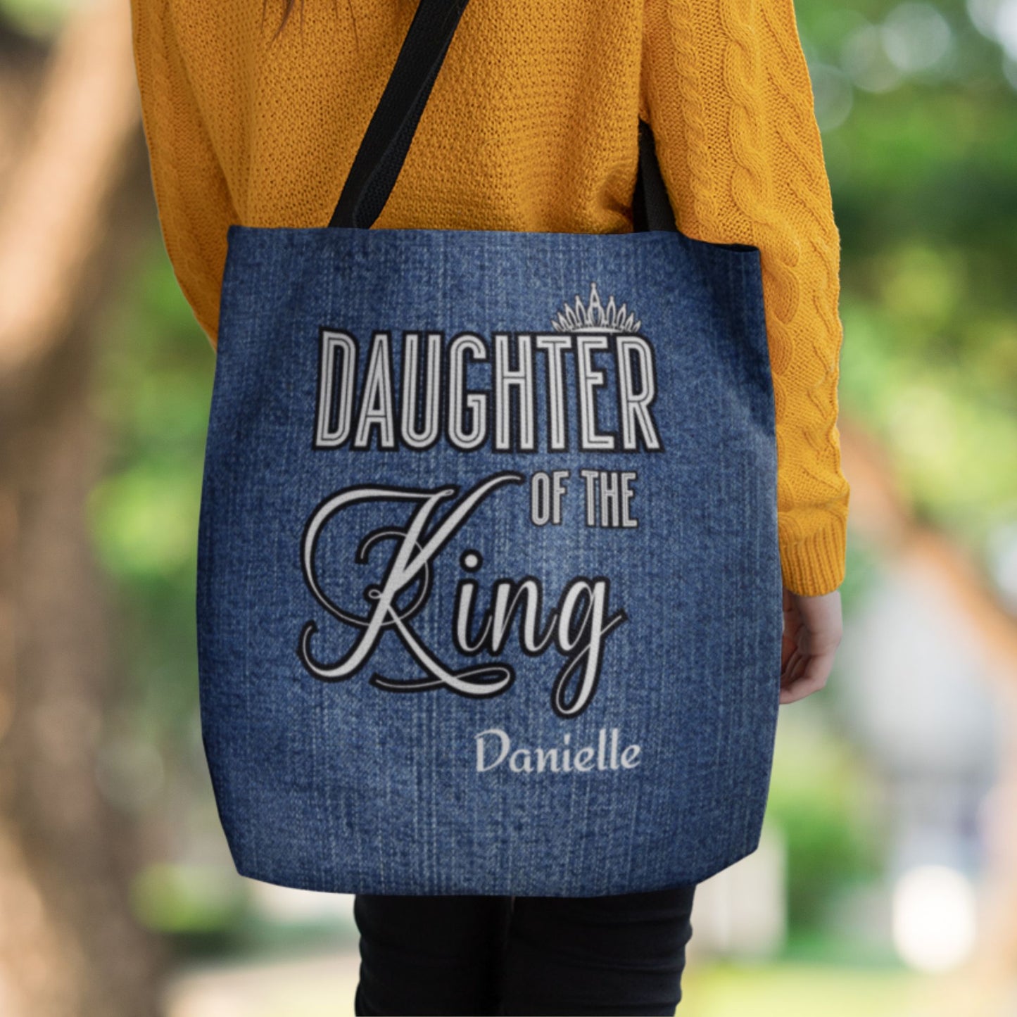 Personalized Christian Daughter of The King Mock Denim Tote Bag