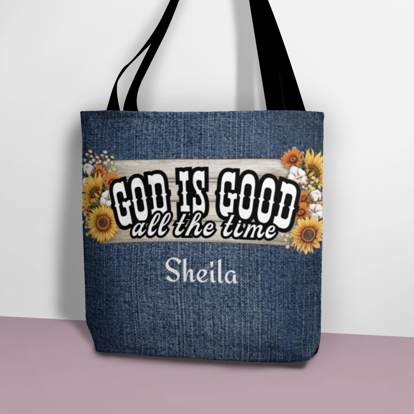 Personalized God Is Good Mock Denim Tote Bag
