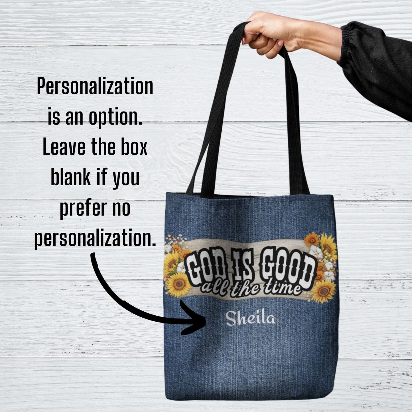 Personalized God Is Good Mock Denim Tote Bag