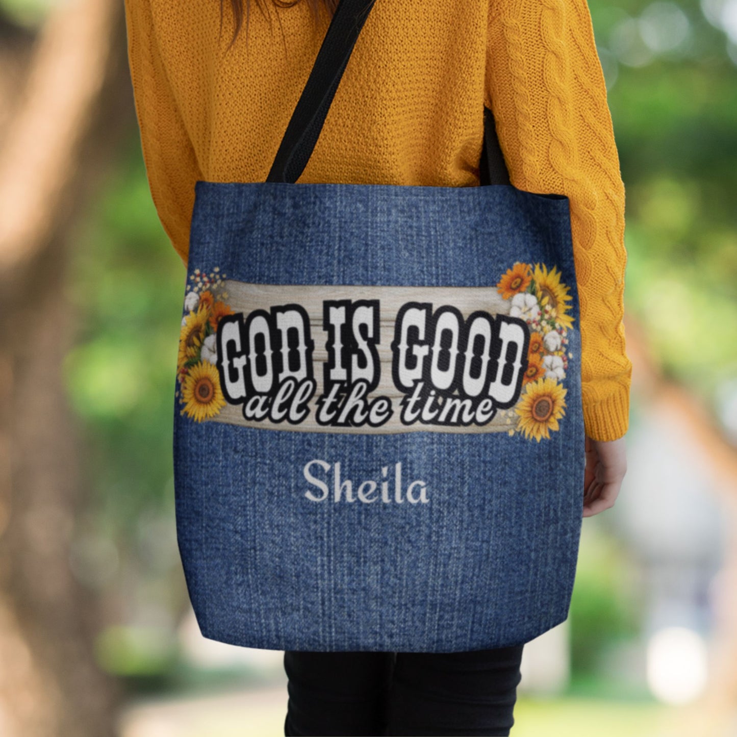Personalized God Is Good Mock Denim Tote Bag