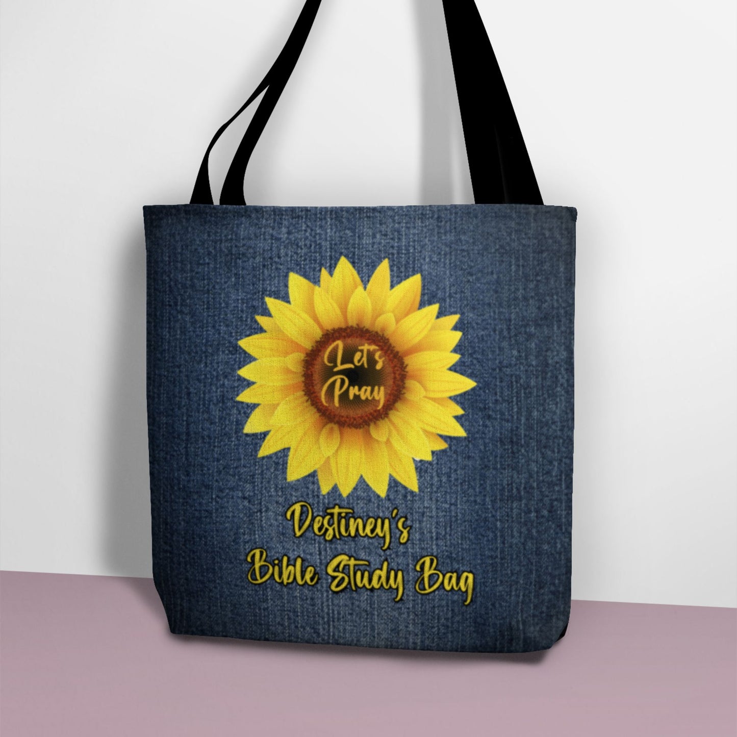 Personalized Mock Denim Bible Study Tote Bag With Sunflower