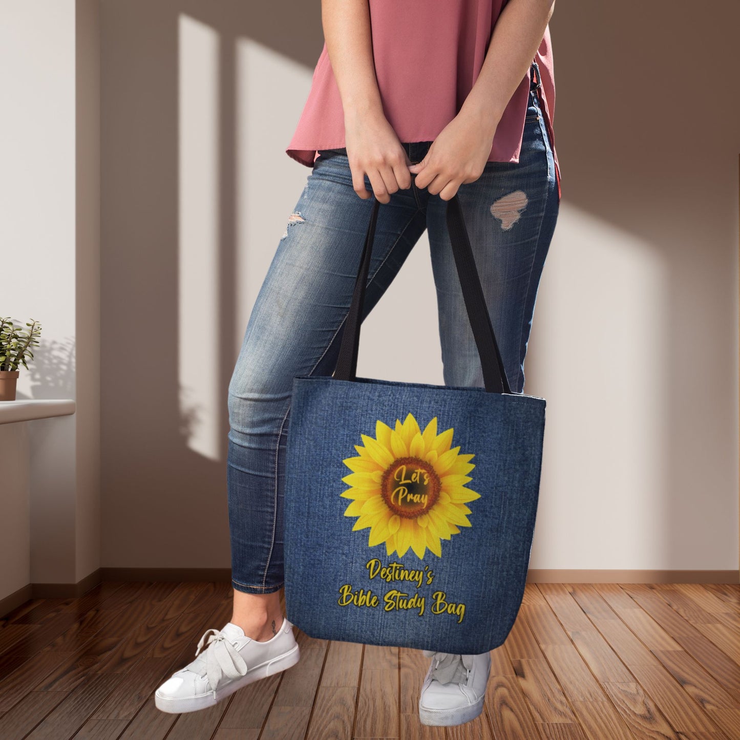 Personalized Mock Denim Bible Study Tote Bag With Sunflower