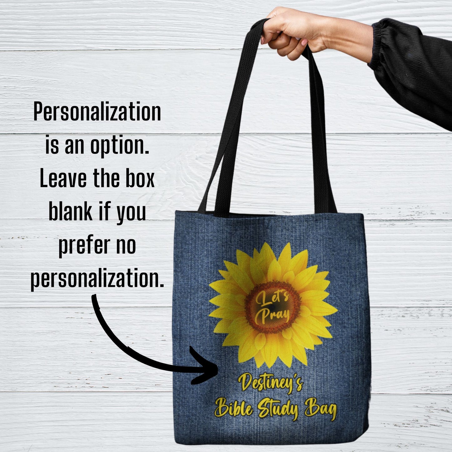 Personalized Mock Denim Bible Study Tote Bag With Sunflower