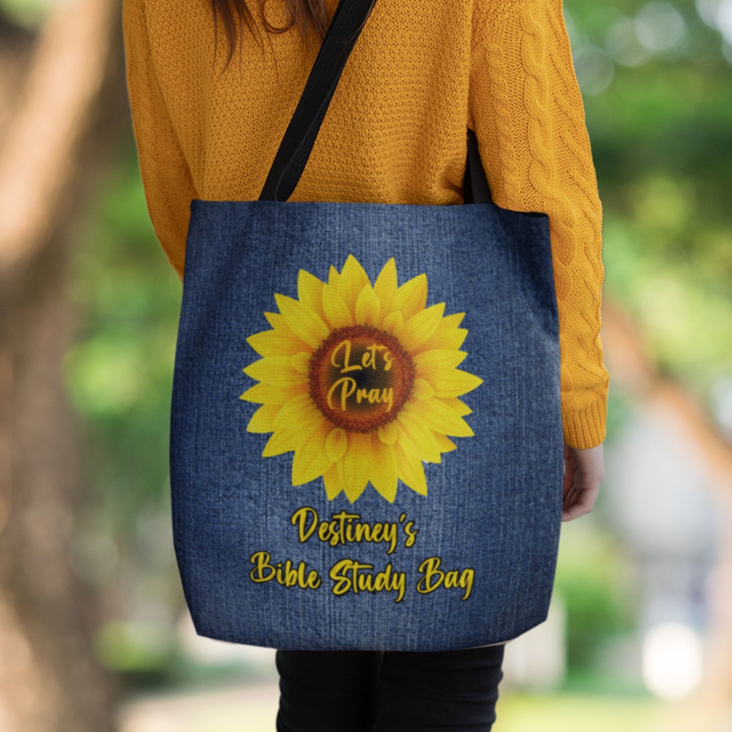 Personalized Mock Denim Bible Study Tote Bag With Sunflower