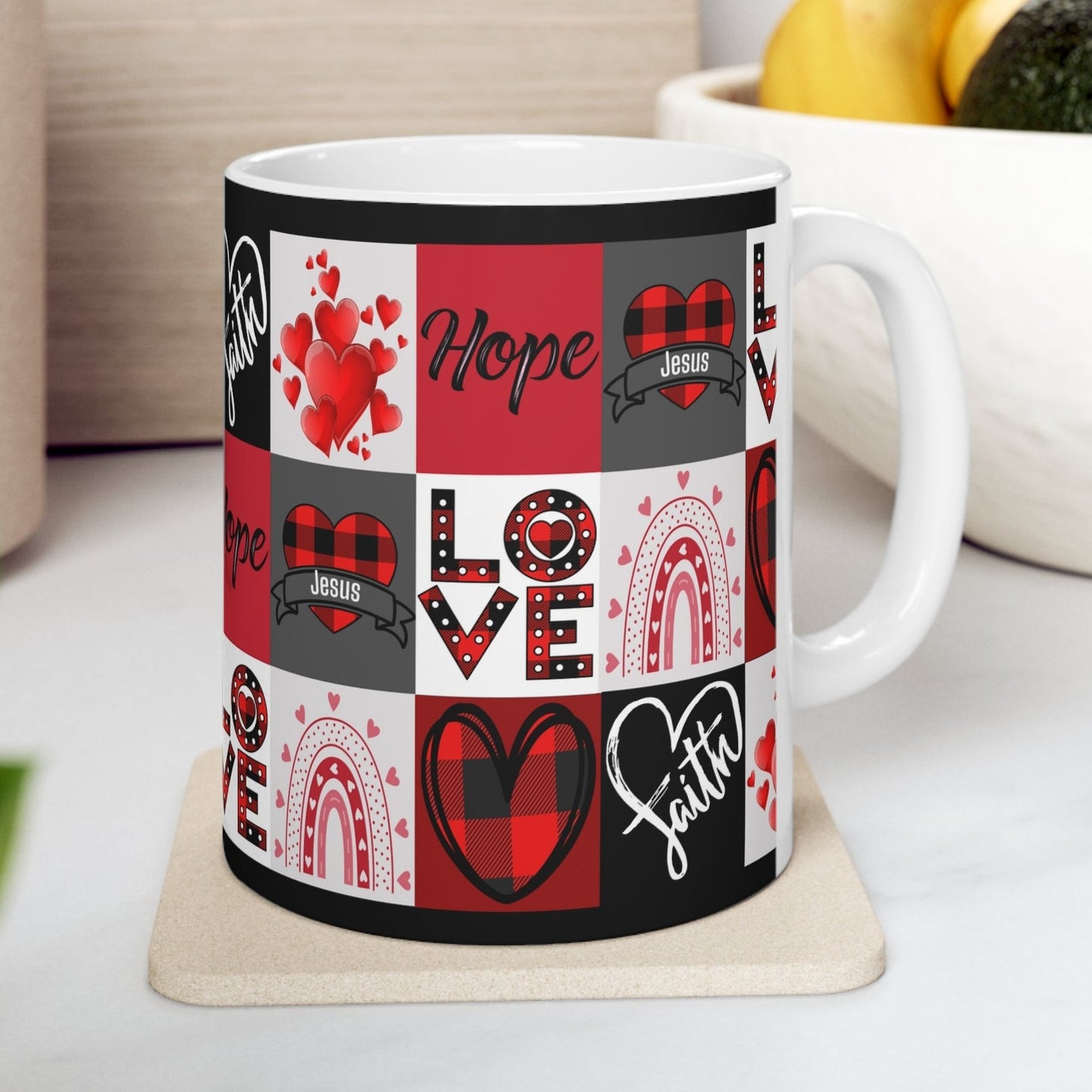 Faith Hope and Love Hearts and Jesus Mug