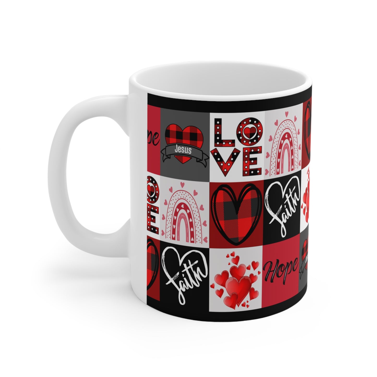Faith Hope and Love Hearts and Jesus Mug