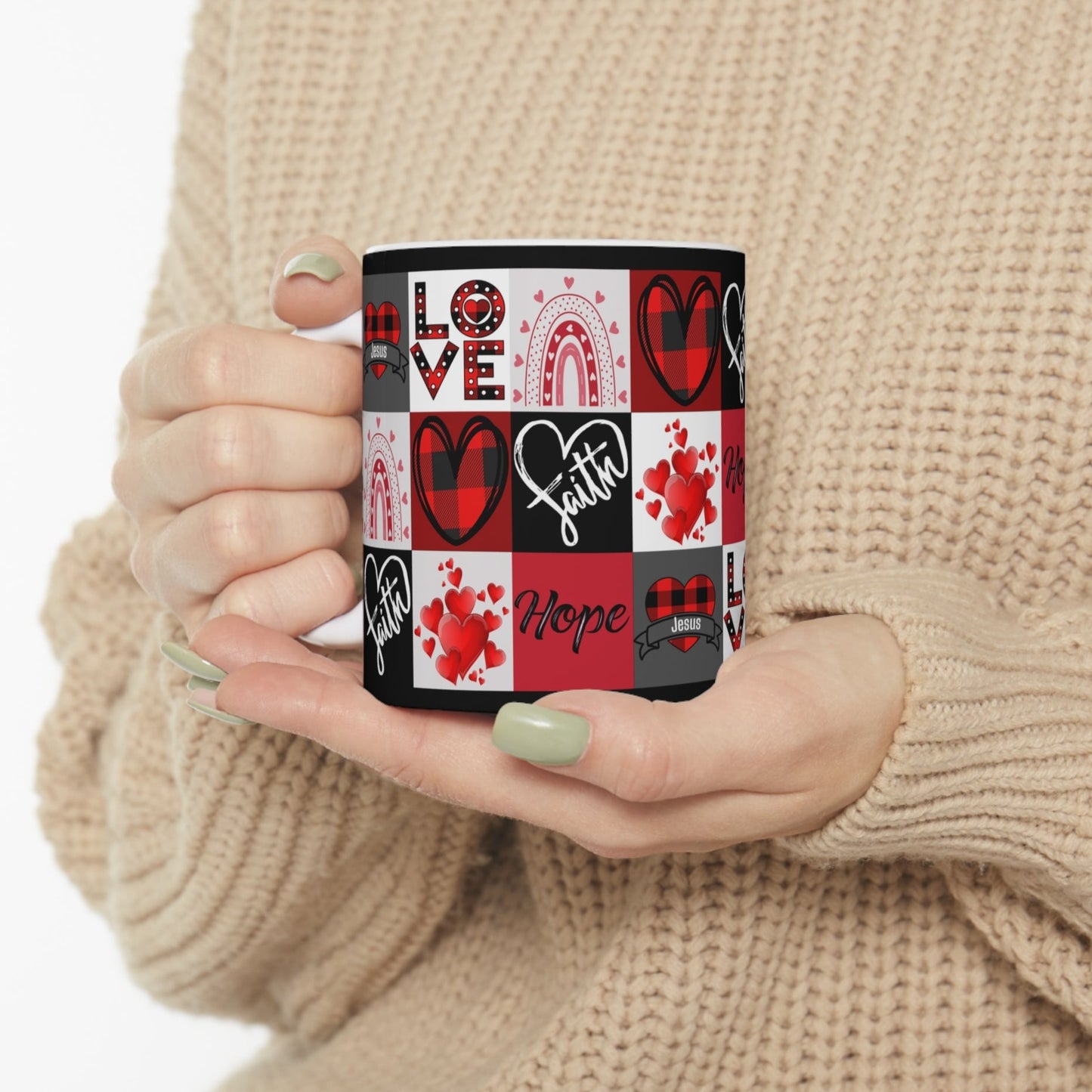 Faith Hope and Love Hearts and Jesus Mug