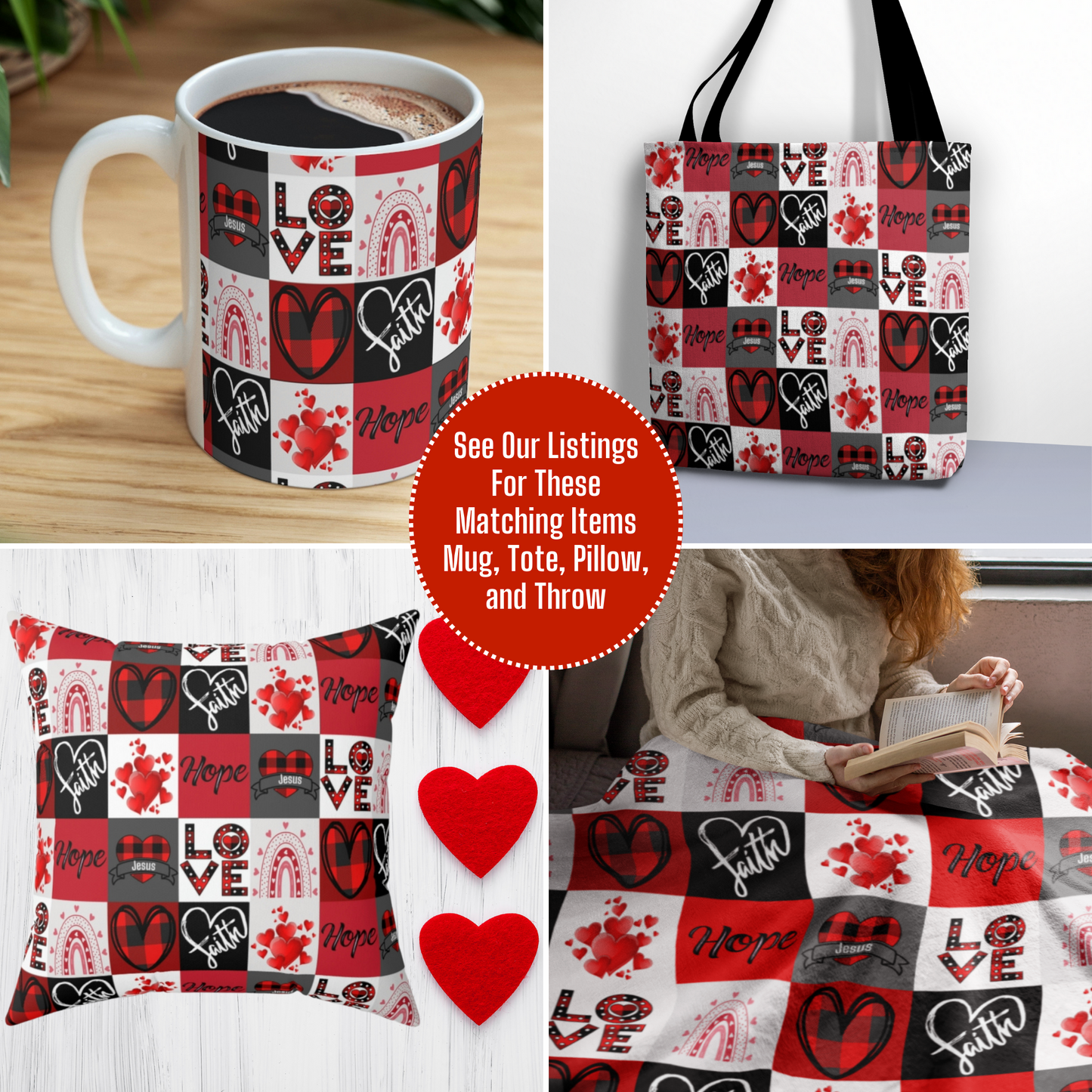 Faith Hope and Love Plaid Hearts Jesus Tote