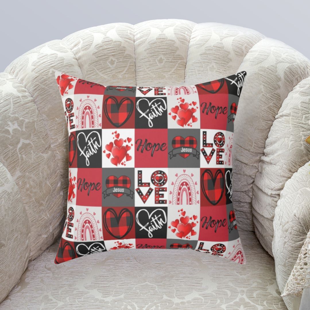 Faith Hope and Love Heart Plaid Christian Faith Square Throw Pillow