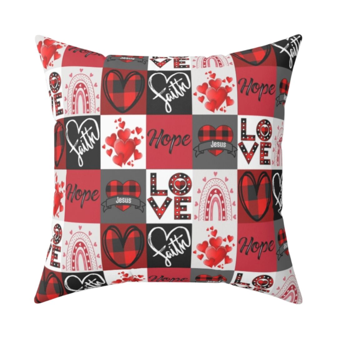 Faith Hope and Love Heart Plaid Christian Faith Square Throw Pillow