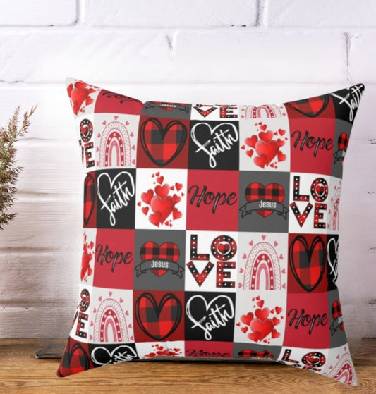 Faith Hope and Love Heart Plaid Christian Faith Square Throw Pillow