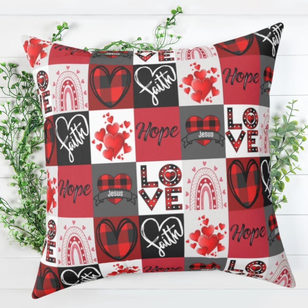 Faith Hope and Love Heart Plaid Christian Faith Square Throw Pillow