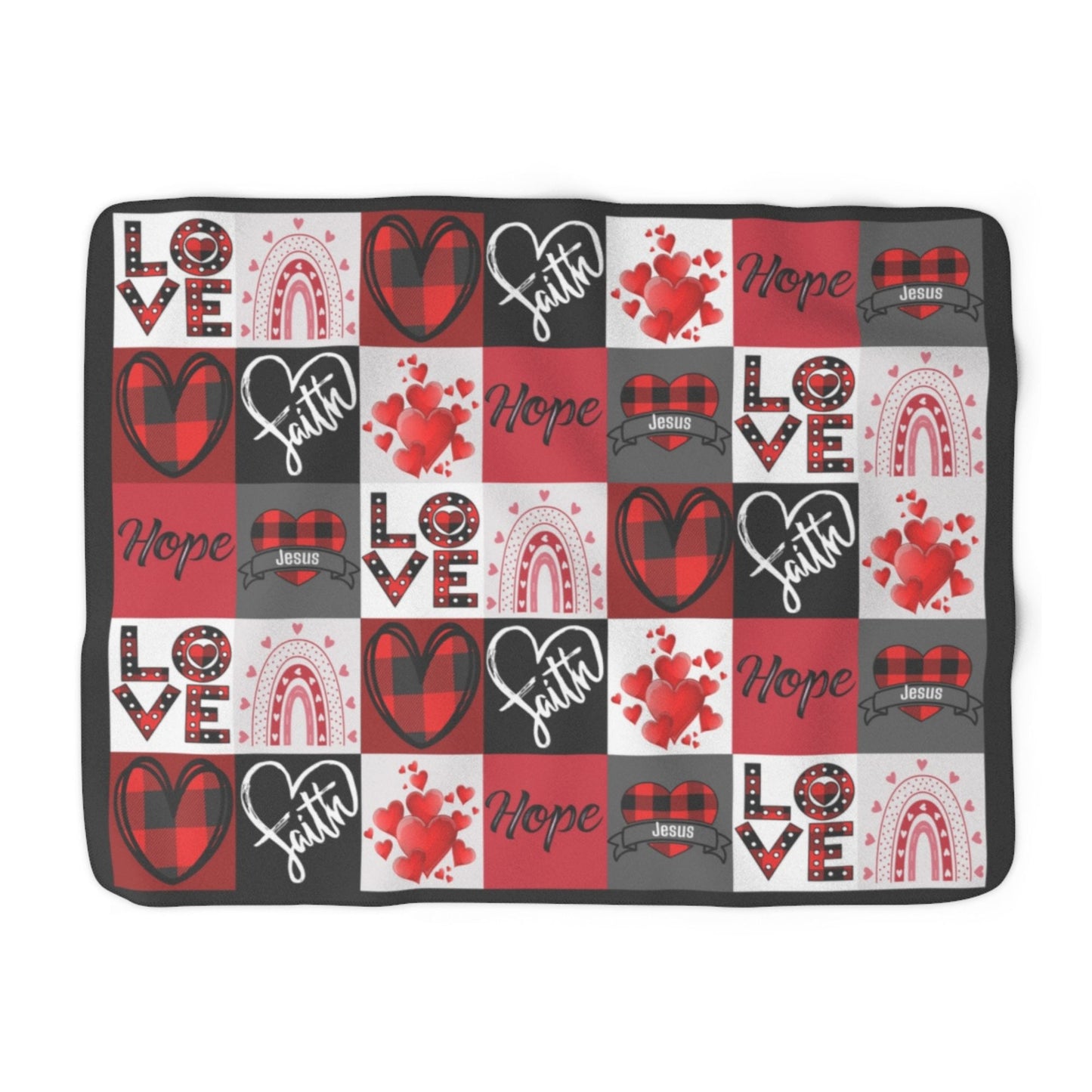 Faith Hope Love Hearts and Jesus Plaid Soft Sherpa Fleece Throw Blanket