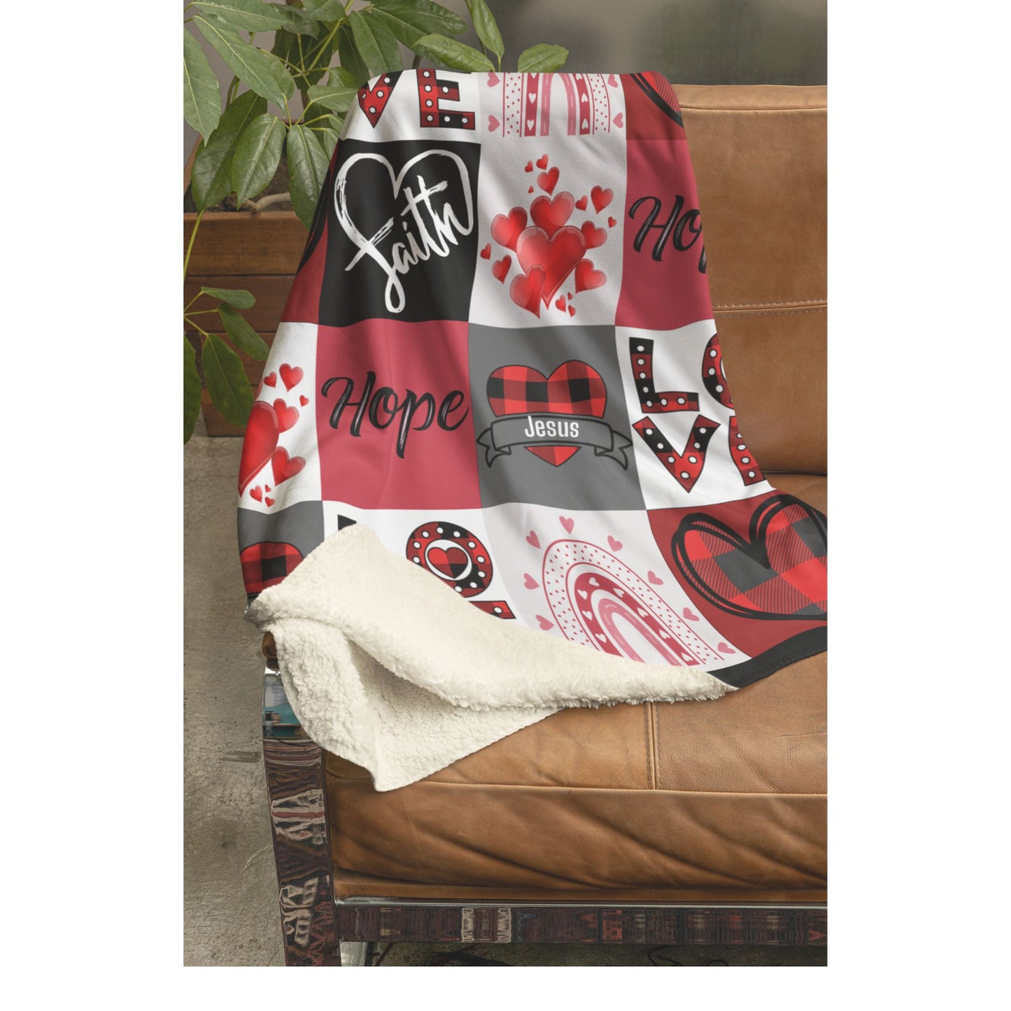 Faith Hope Love Hearts and Jesus Plaid Soft Sherpa Fleece Throw Blanket