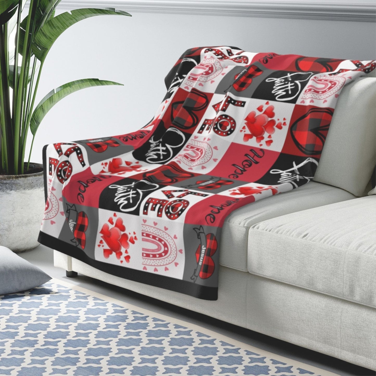 Faith Hope Love Hearts and Jesus Plaid Soft Sherpa Fleece Throw Blanket